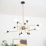 Mid Century Modern Brass Chandelier with Blown White Glass Globes and Bent Arms