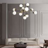 Mid Century Modern Brass Chandelier with Blown White Glass Globes and Bent Arms