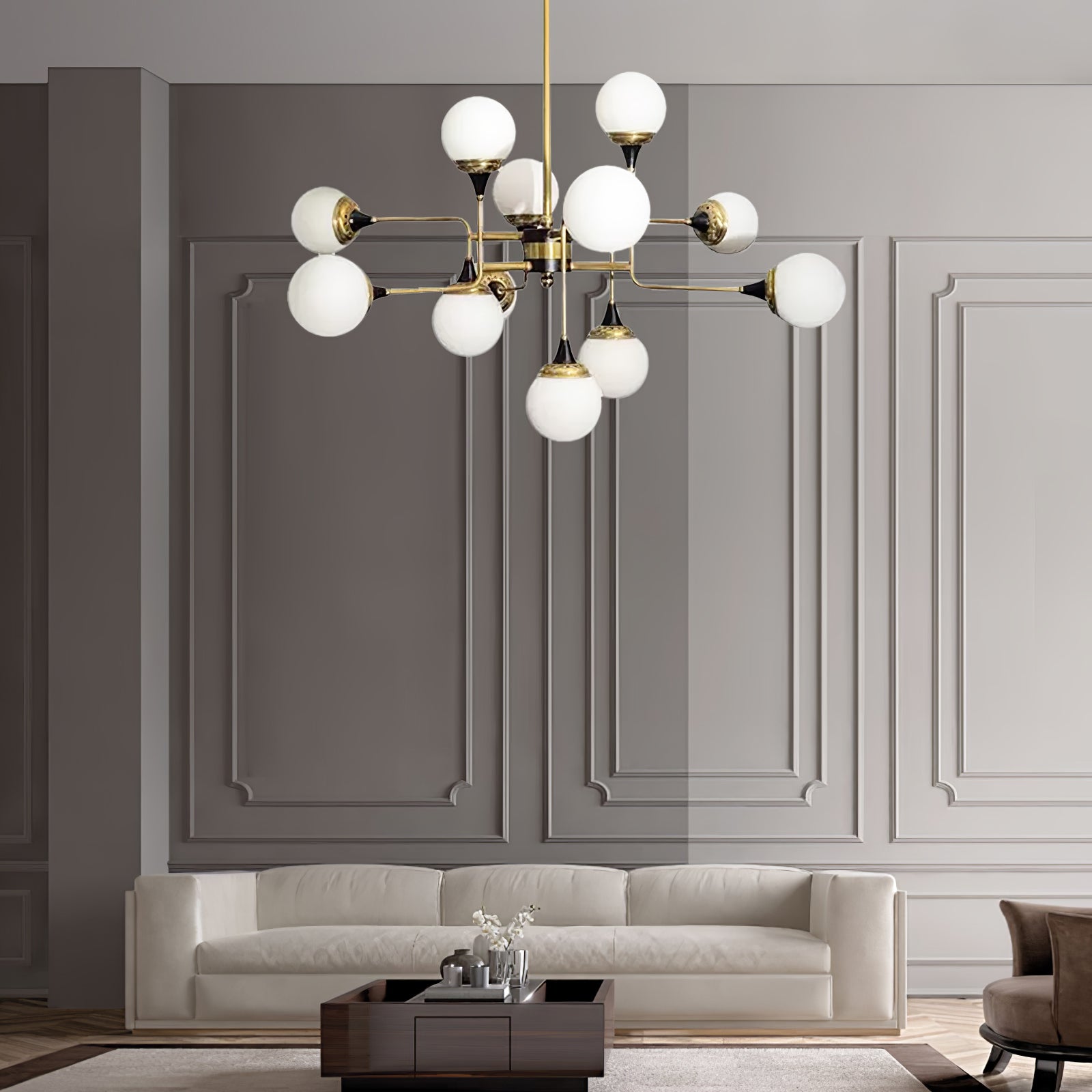 Mid Century Modern Brass Chandelier with Blown White Glass Globes and Bent Arms