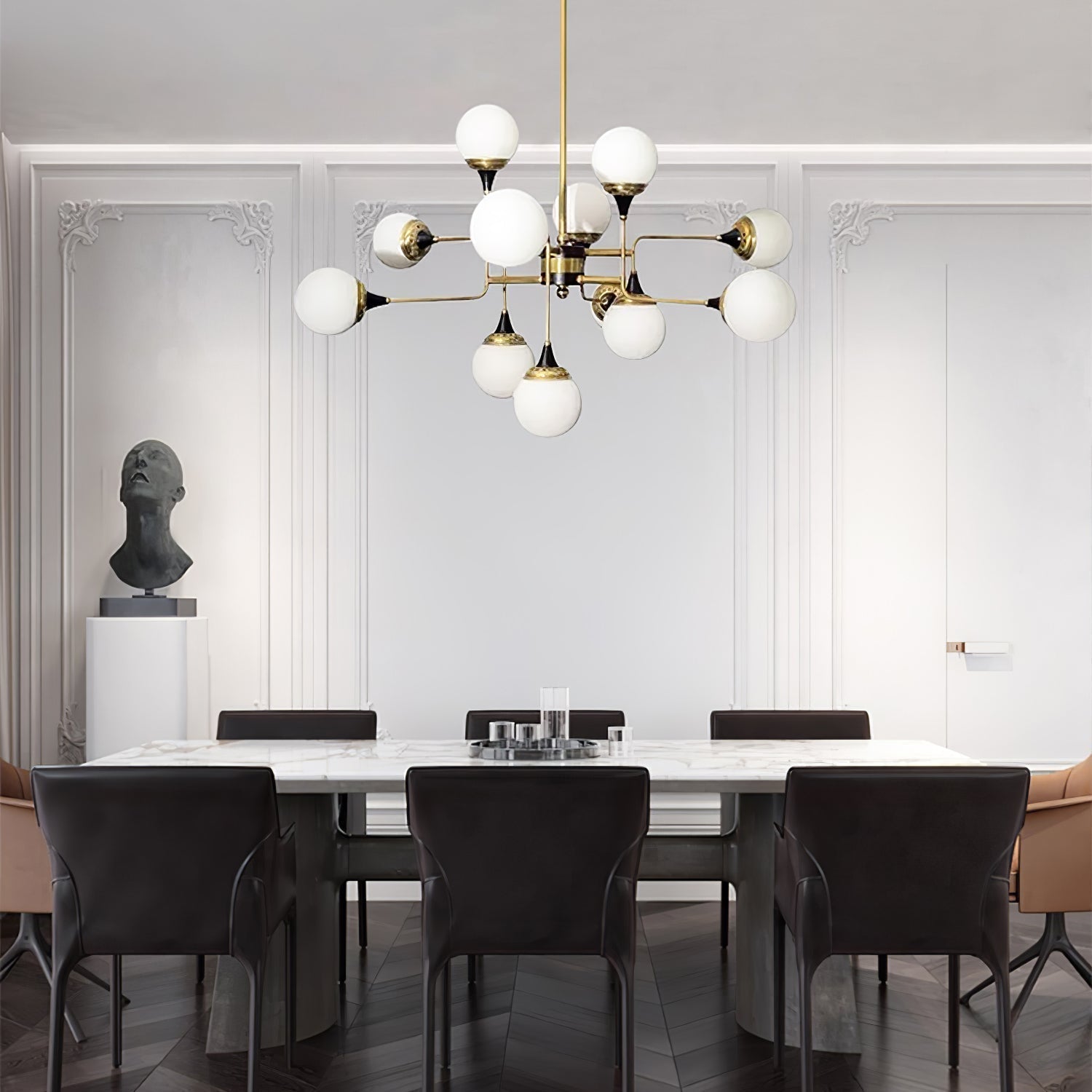 Mid Century Modern Brass Chandelier with Blown White Glass Globes and Bent Arms