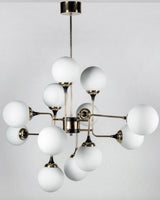 Mid Century Modern Brass Chandelier with Blown White Glass Globes and Bent Arms