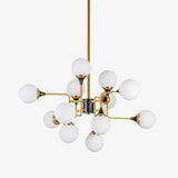 Mid Century Modern Brass Chandelier with Blown White Glass Globes and Bent Arms