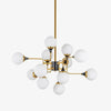 Mid Century Modern Brass Chandelier with Blown White Glass Globes and Bent Arms