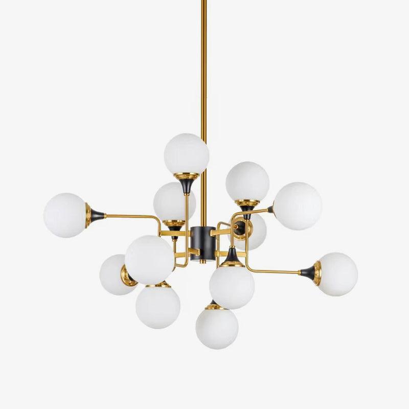 Mid Century Modern Brass Chandelier with Blown White Glass Globes and Bent Arms