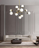 Mid Century Modern Brass Chandelier with Blown White Glass Globes and Bent Arms