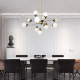 Mid Century Modern Brass Chandelier with Blown White Glass Globes and Bent Arms