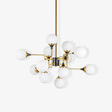Mid Century Modern Brass Chandelier with Blown White Glass Globes and Bent Arms