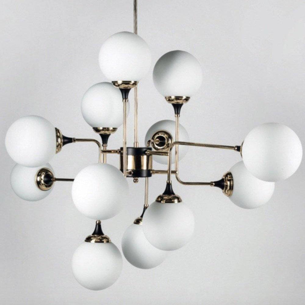 Mid Century Modern Brass Chandelier with Blown White Glass Globes and Bent Arms