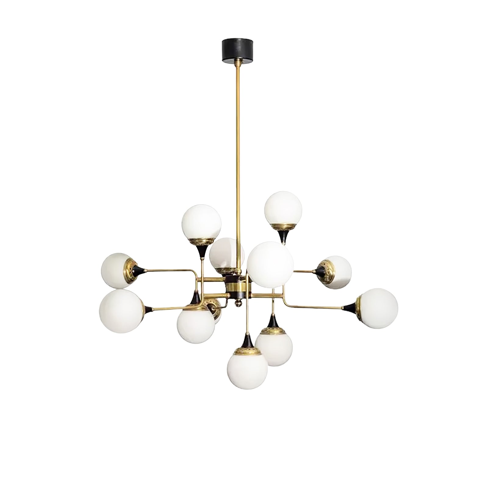 Mid Century Modern Brass Chandelier with Blown White Glass Globes and Bent Arms