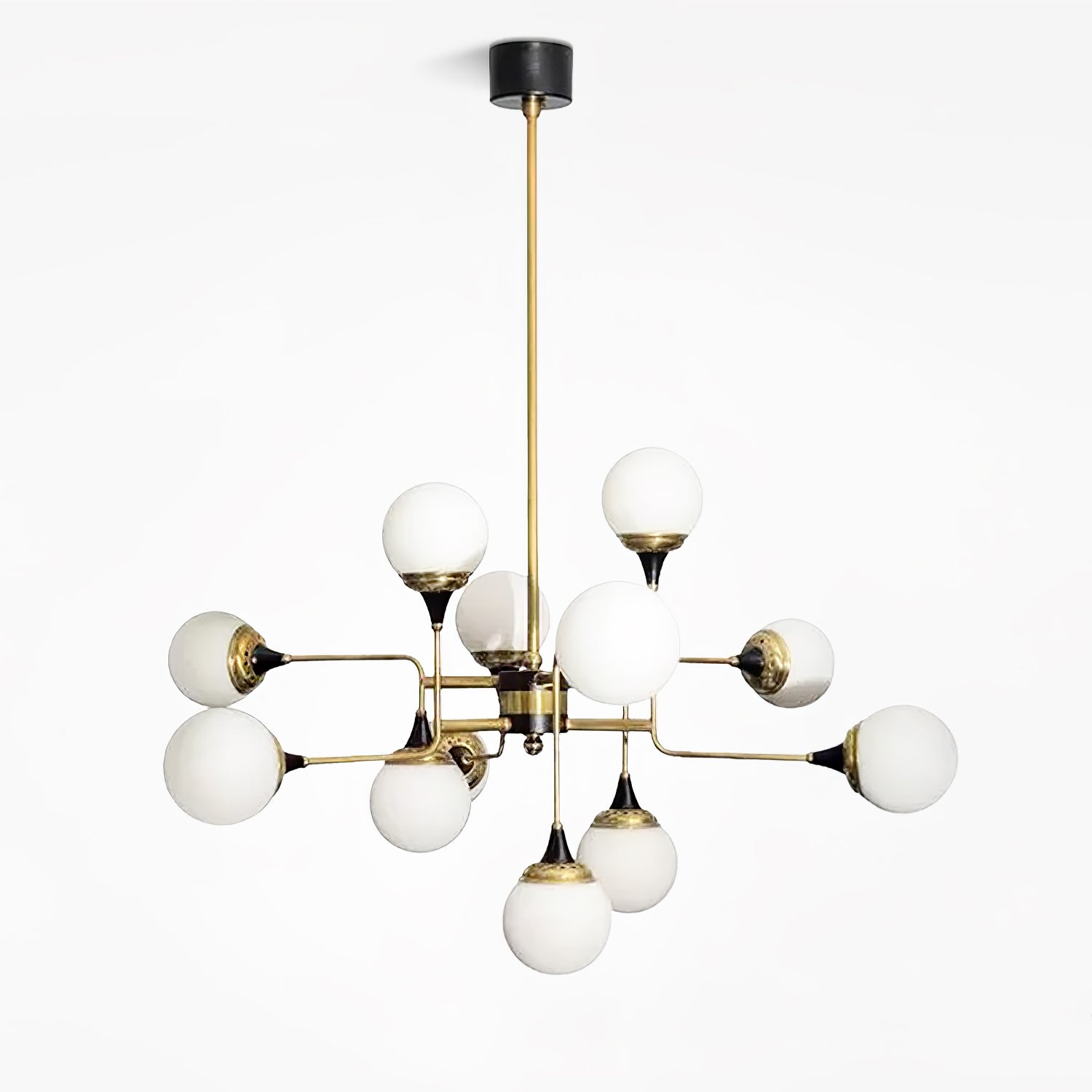 Mid Century Modern Brass Chandelier with Blown White Glass Globes and Bent Arms
