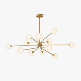 Mid Century Modern Brass Crown Chandelier with White Glass Globe Shades for Indoor Lighting