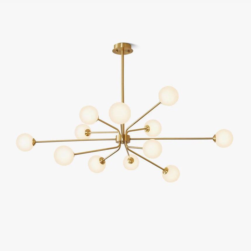 Mid Century Modern Brass Crown Chandelier with White Glass Globe Shades for Indoor Lighting