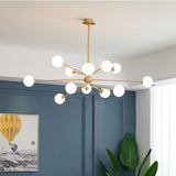 Mid Century Modern Brass Crown Chandelier with White Glass Globe Shades for Indoor Lighting