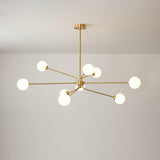 Mid Century Modern Brass Crown Chandelier with White Glass Globe Shades for Indoor Lighting