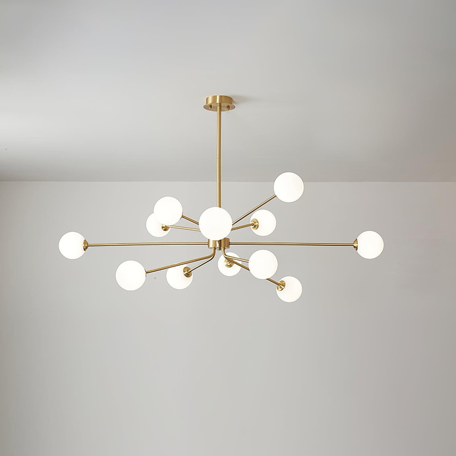Mid Century Modern Brass Crown Chandelier with White Glass Globe Shades for Indoor Lighting