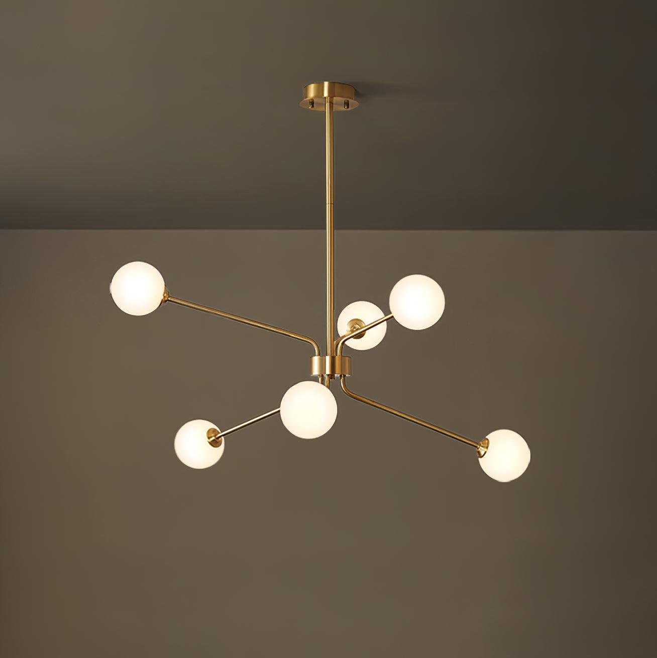 Mid Century Modern Brass Crown Chandelier with White Glass Globe Shades for Indoor Lighting