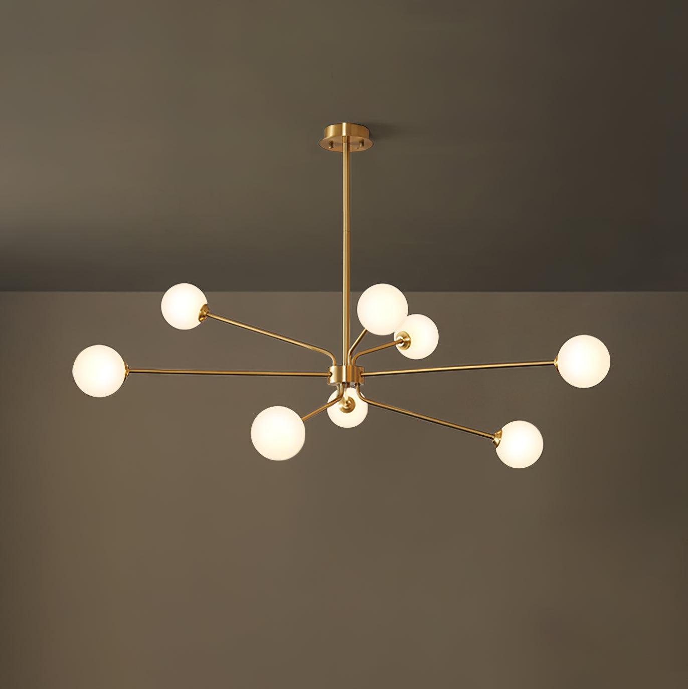 Mid Century Modern Brass Crown Chandelier with White Glass Globe Shades for Indoor Lighting