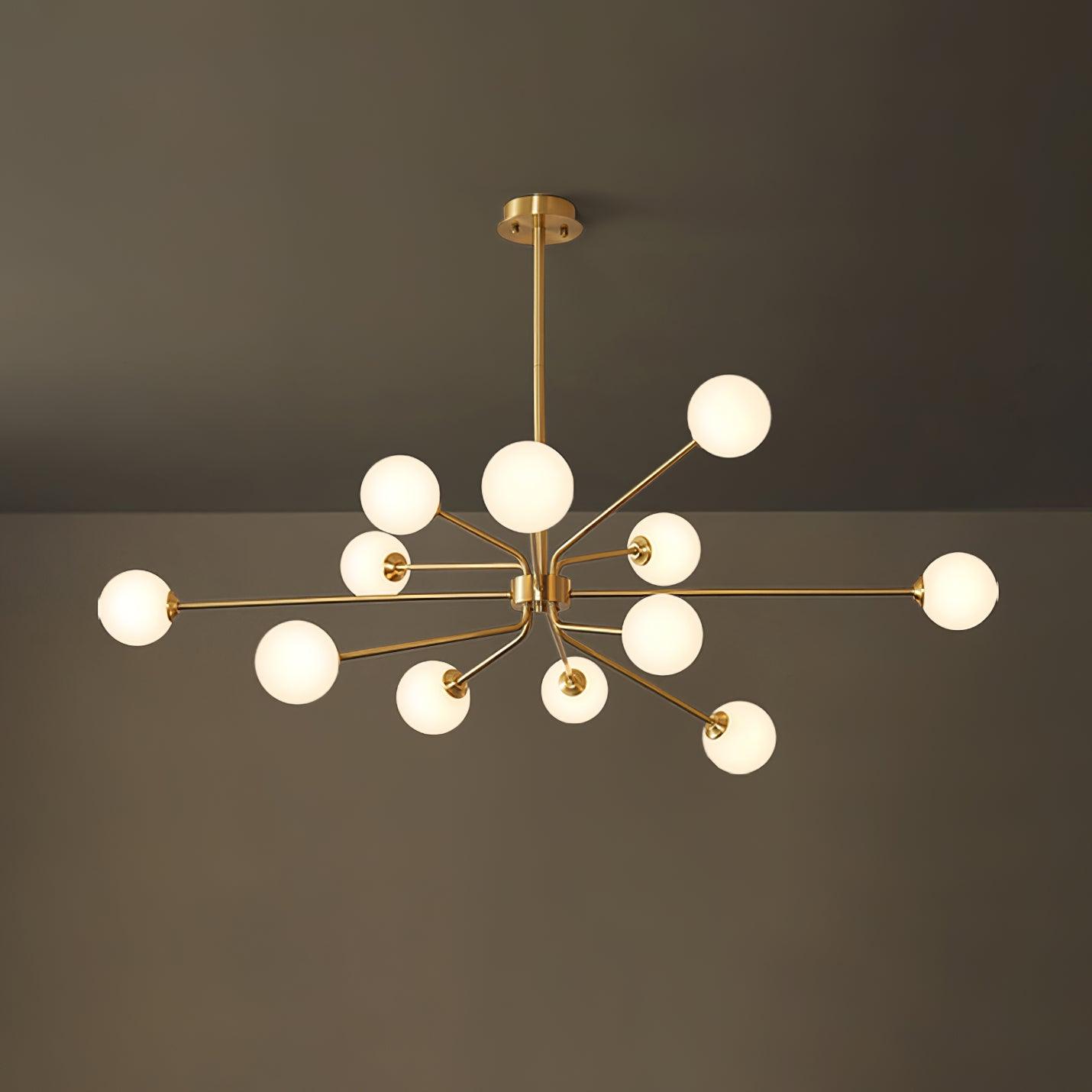 Mid Century Modern Brass Crown Chandelier with White Glass Globe Shades for Indoor Lighting