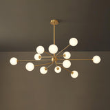 Mid Century Modern Brass Crown Chandelier with White Glass Globe Shades for Indoor Lighting