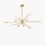 Mid Century Modern Brass Crown Chandelier with White Glass Globe Shades for Indoor Lighting