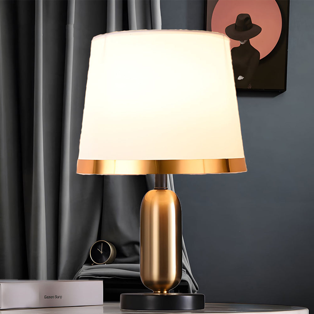 Mid Century Modern Brass Table Lamp with Fabric Shade and Black Metal Base for Bedside or Office