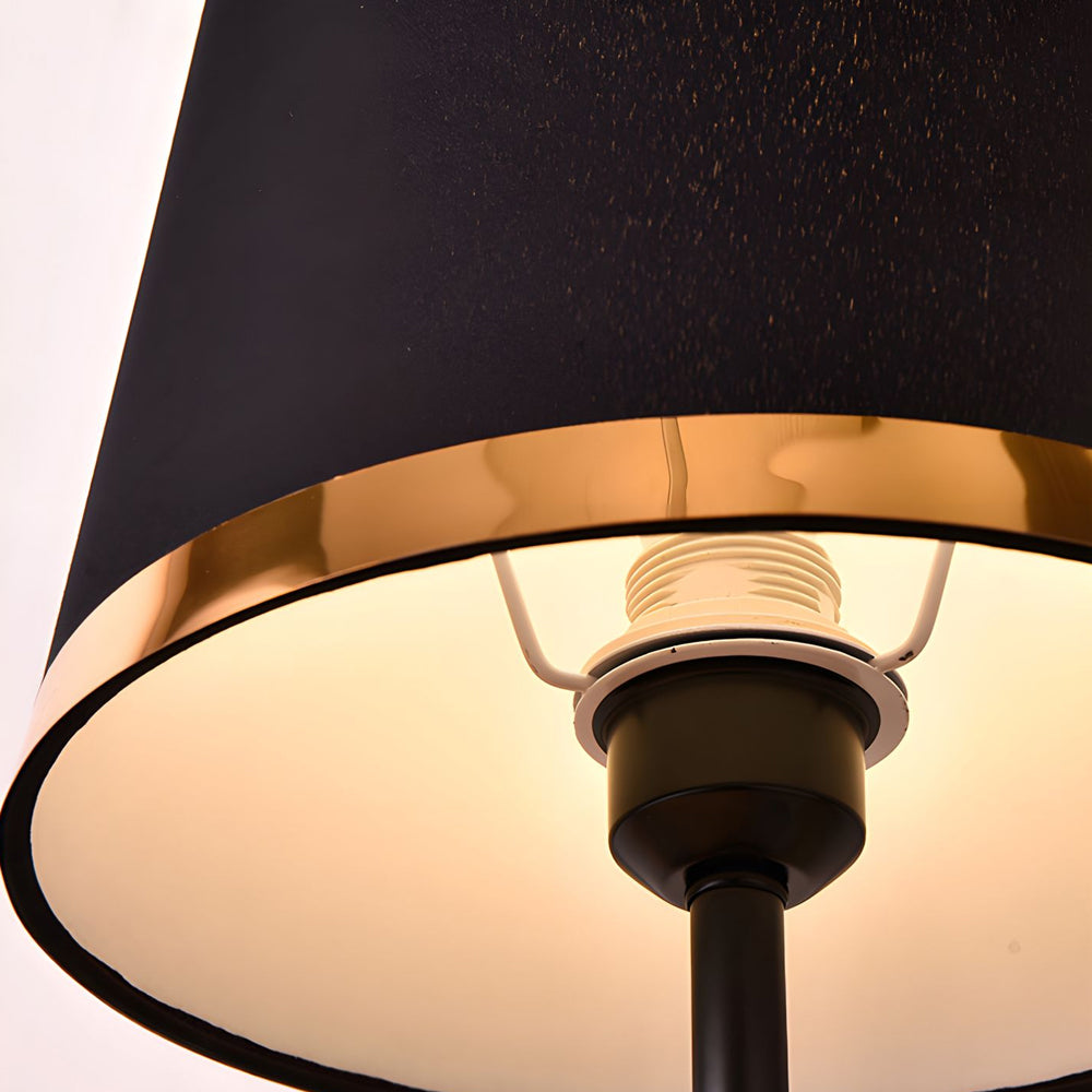 Mid Century Modern Brass Table Lamp with Fabric Shade and Black Metal Base for Bedside or Office