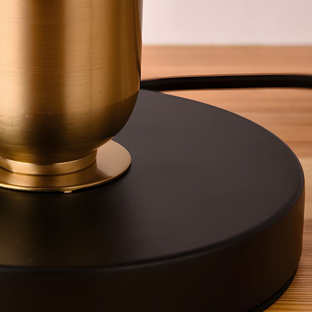 Mid Century Modern Brass Table Lamp with Fabric Shade and Black Metal Base for Bedside or Office