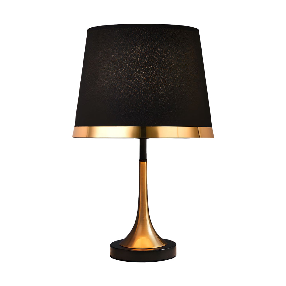 Mid Century Modern Brass Table Lamp with Fabric Shade and Black Metal Base for Bedside or Office