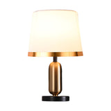 Mid Century Modern Brass Table Lamp with Fabric Shade and Black Metal Base for Bedside or Office