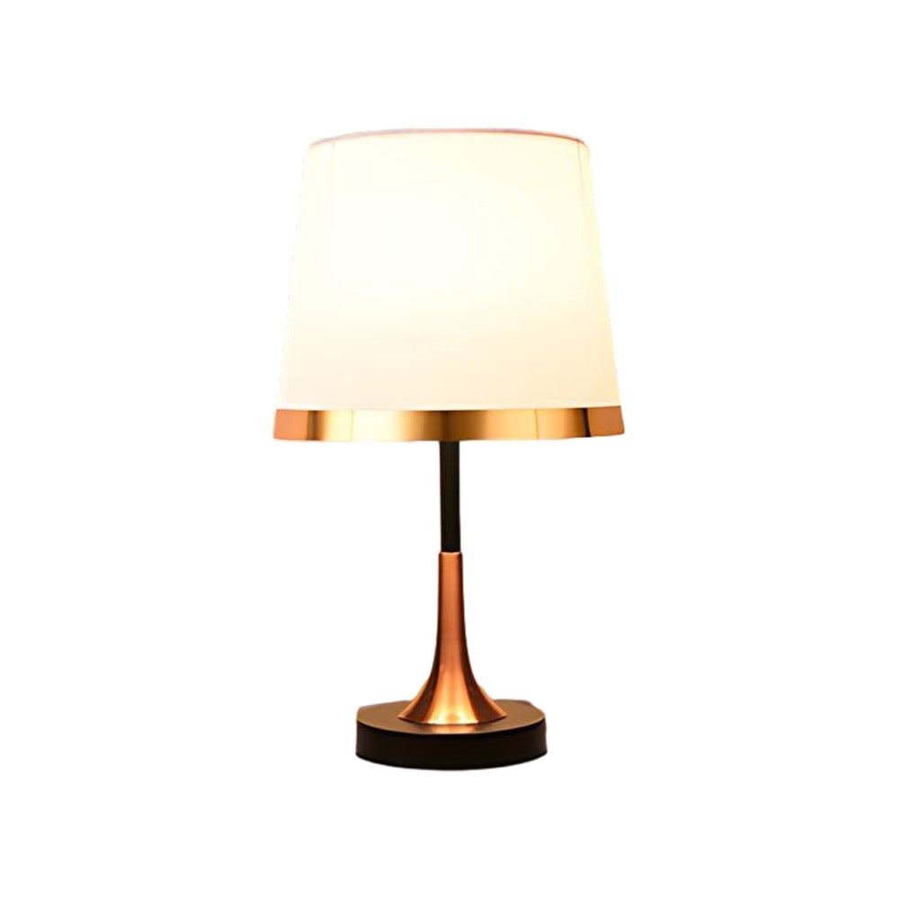 Mid Century Modern Brass Table Lamp with Fabric Shade and Black Metal Base for Bedside or Office