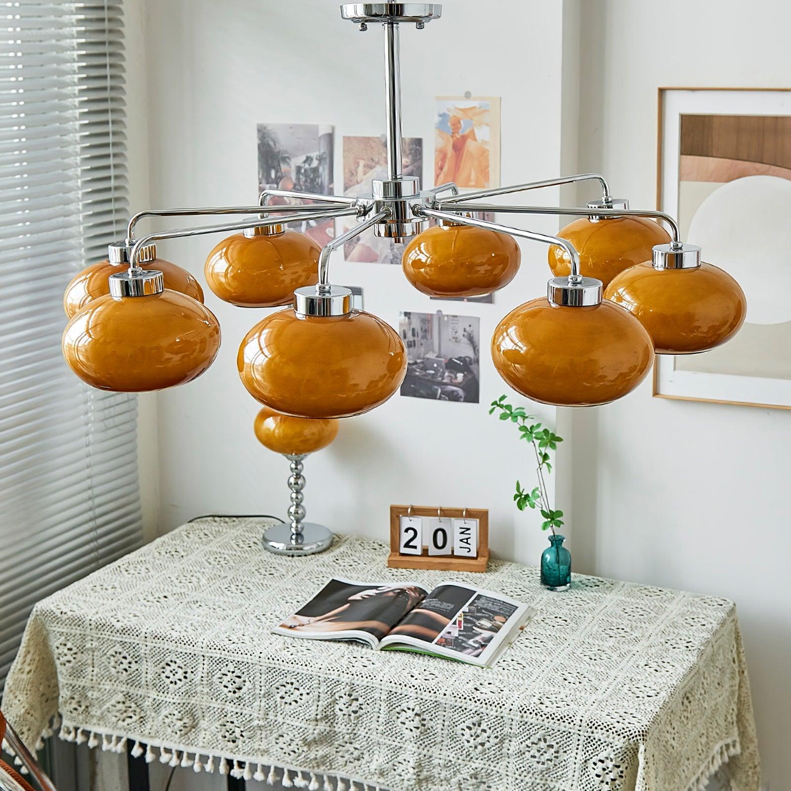 Mid Century Modern Chrome Geometric Chandelier with Oval Glass Shades for Living Room Lighting