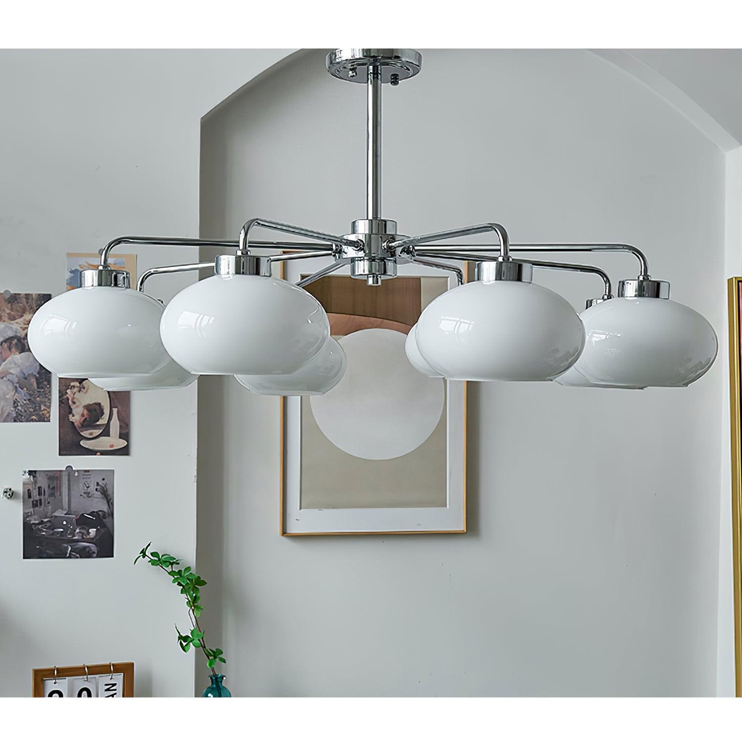 Mid Century Modern Chrome Geometric Chandelier with Oval Glass Shades for Living Room Lighting