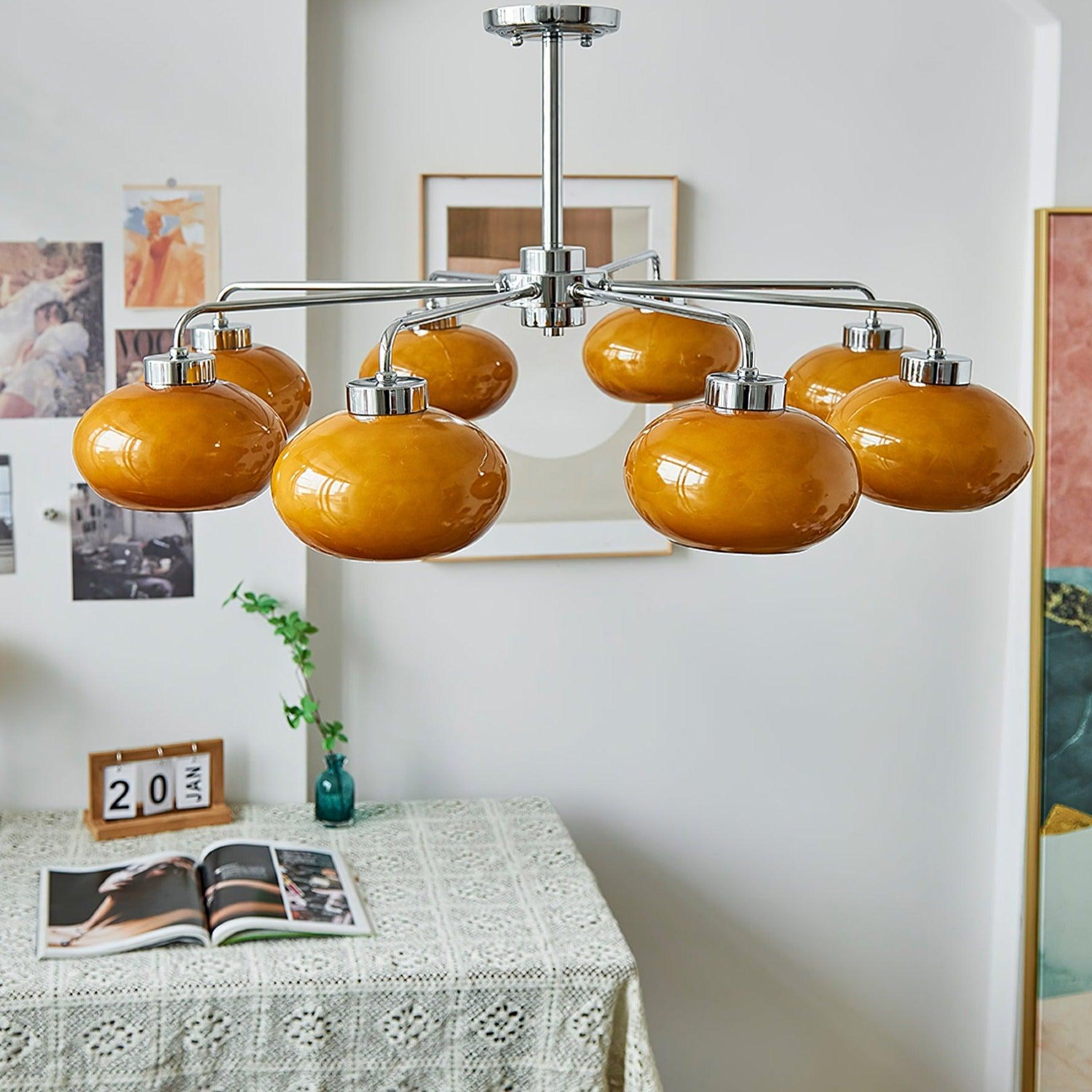 Mid Century Modern Chrome Geometric Chandelier with Oval Glass Shades for Living Room Lighting
