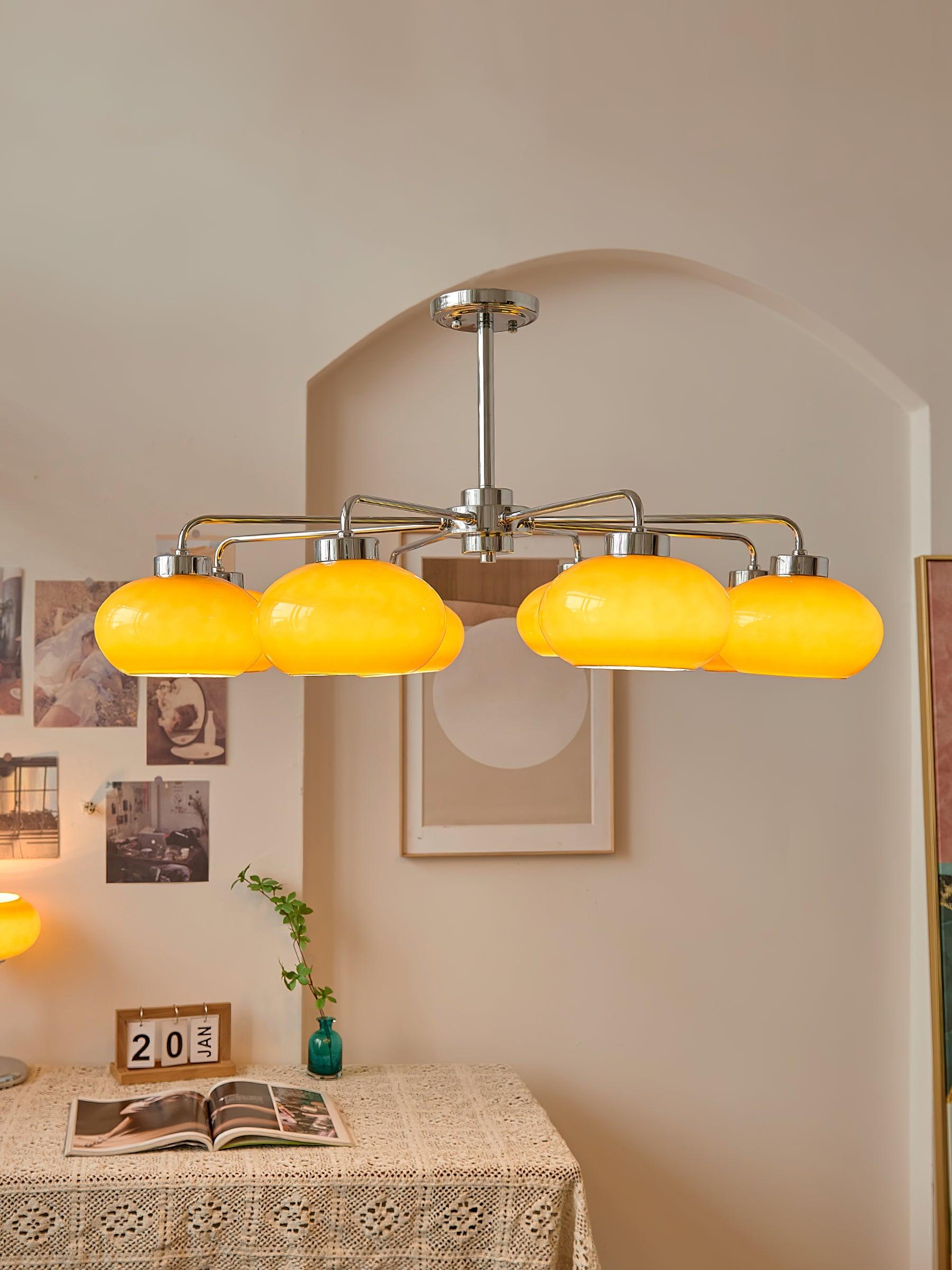 Mid Century Modern Chrome Geometric Chandelier with Oval Glass Shades for Living Room Lighting