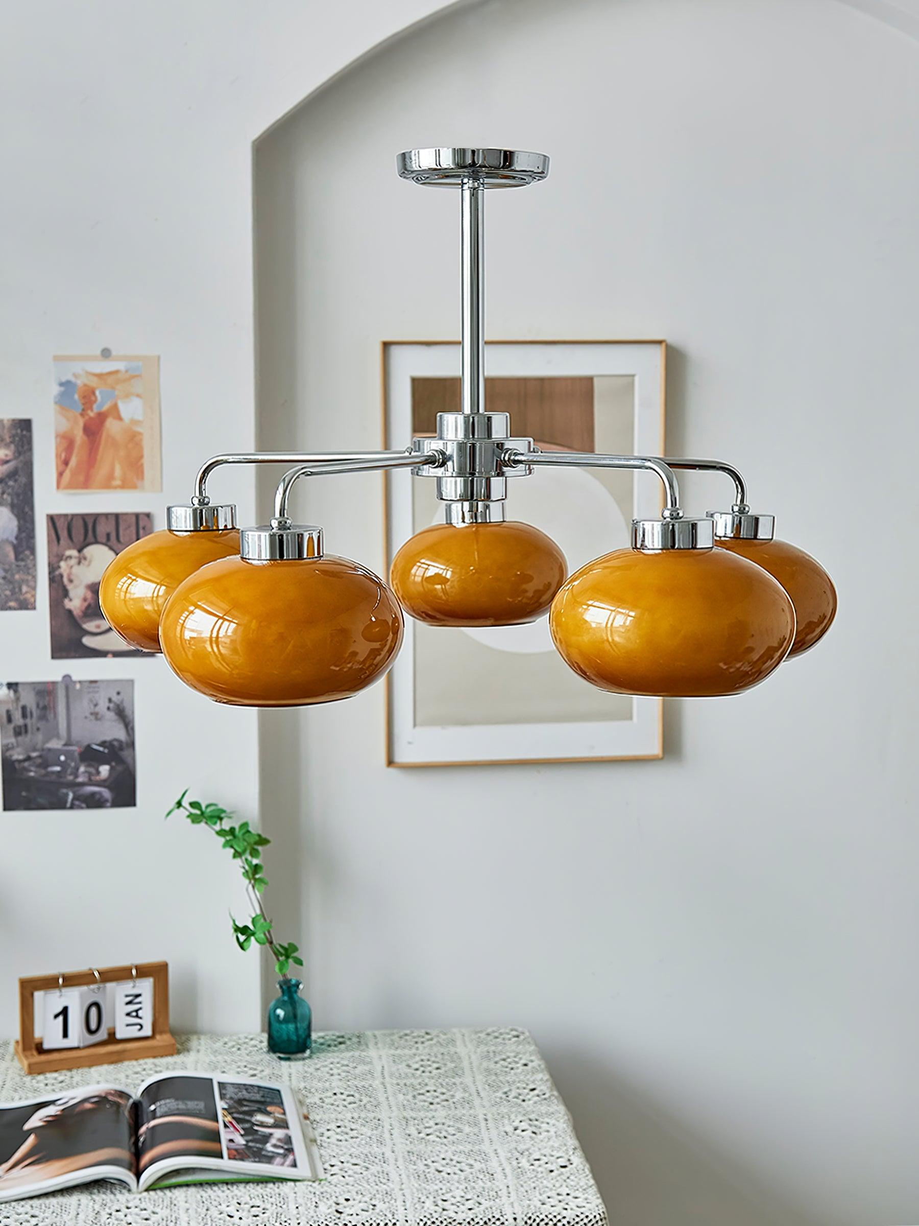 Mid Century Modern Chrome Geometric Chandelier with Oval Glass Shades for Living Room Lighting