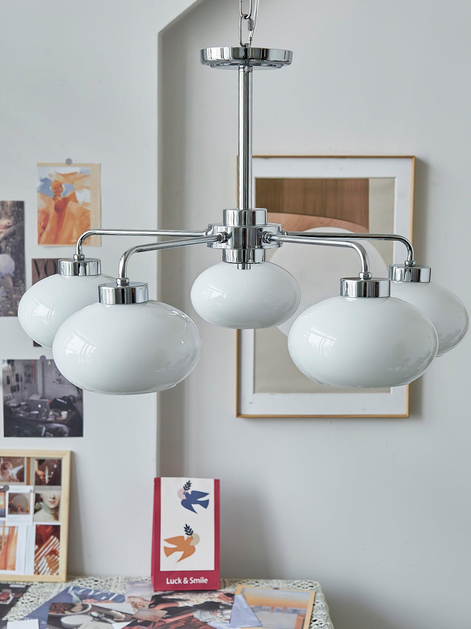 Mid Century Modern Chrome Geometric Chandelier with Oval Glass Shades for Living Room Lighting