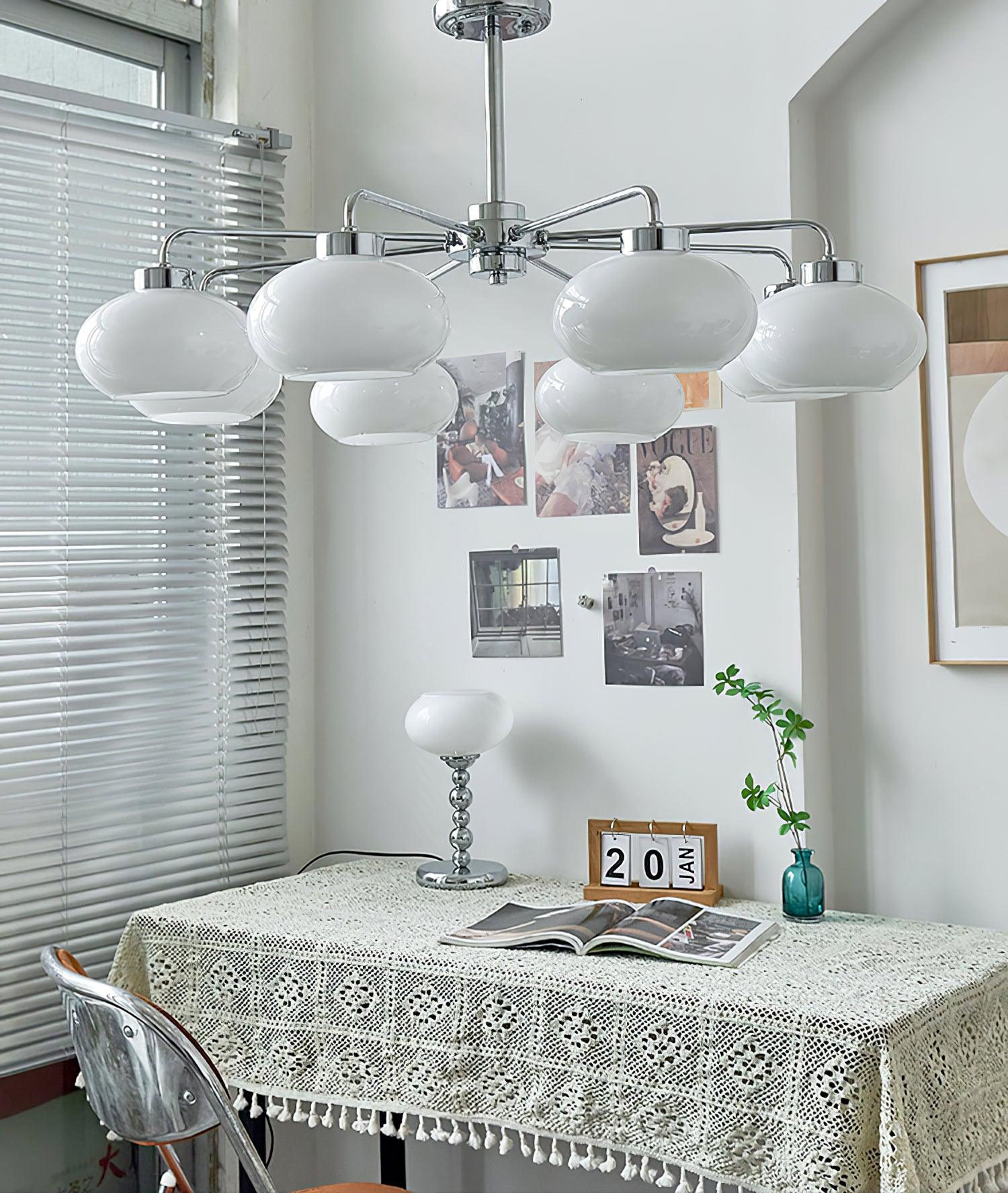 Mid Century Modern Chrome Geometric Chandelier with Oval Glass Shades for Living Room Lighting