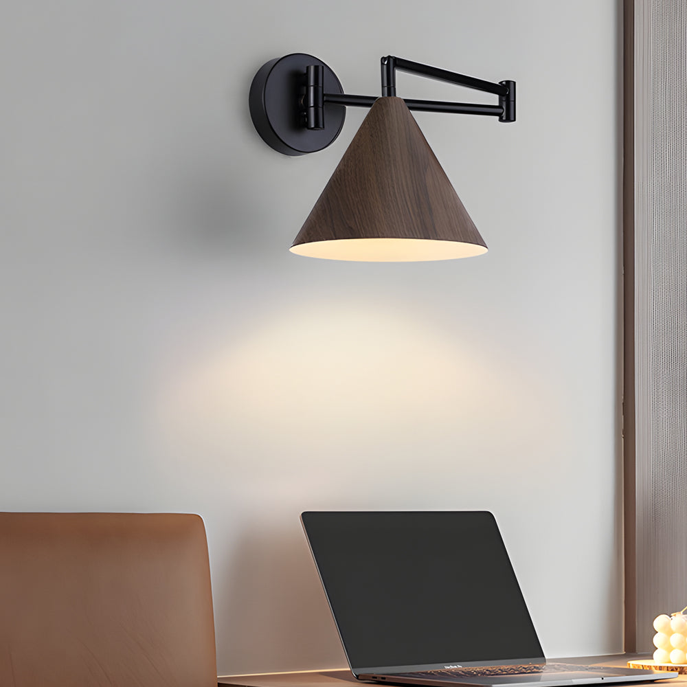 Mid Century Modern Cone Swing Arm Wall Sconce Adjustable Wood Grain Finish Bedside Lamp