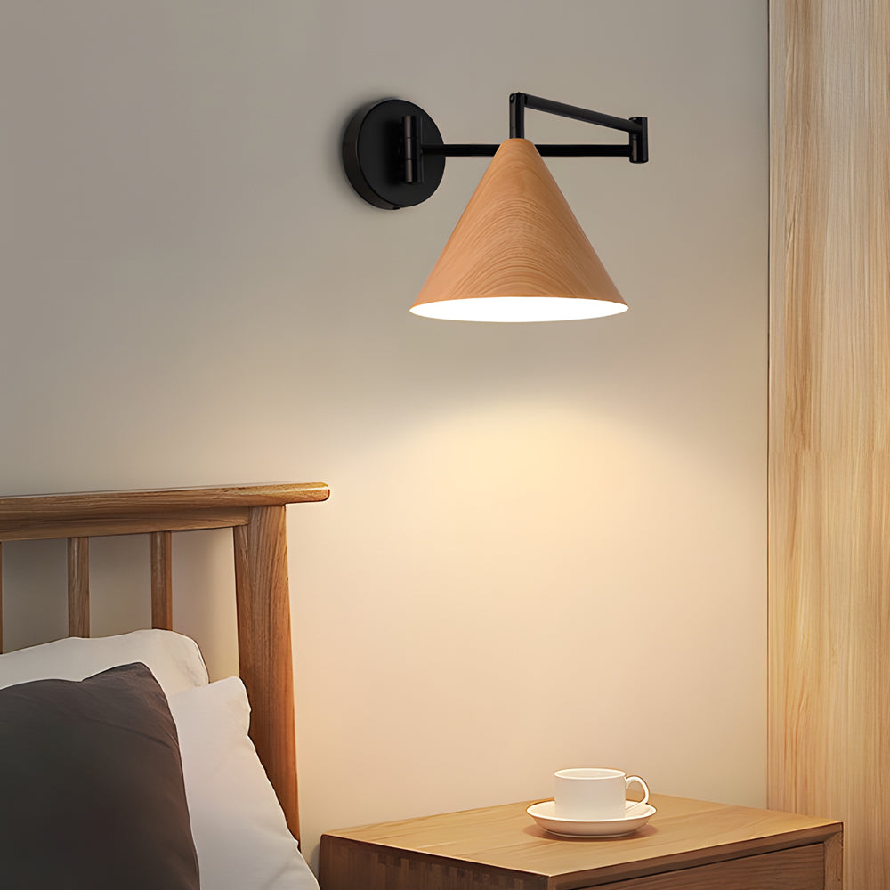 Mid Century Modern Cone Swing Arm Wall Sconce Adjustable Wood Grain Finish Bedside Lamp