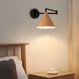 Mid Century Modern Cone Swing Arm Wall Sconce Adjustable Wood Grain Finish Bedside Lamp