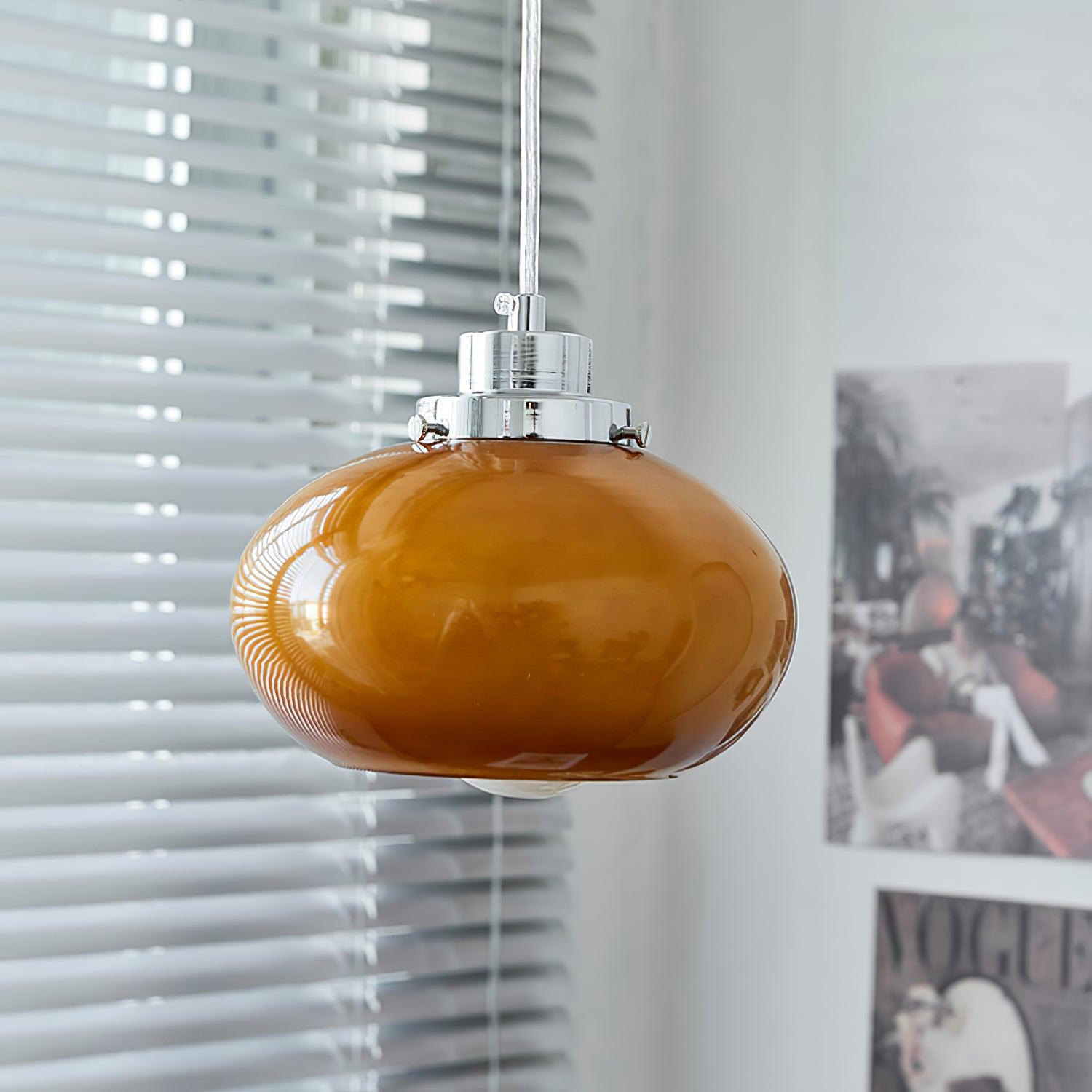 Mid Century Modern Dark Orange Glass Oval Persimmon Pendant Light Chrome Finish