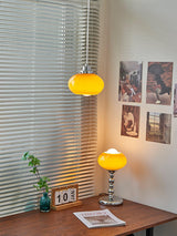 Mid Century Modern Dark Orange Glass Oval Persimmon Pendant Light Chrome Finish