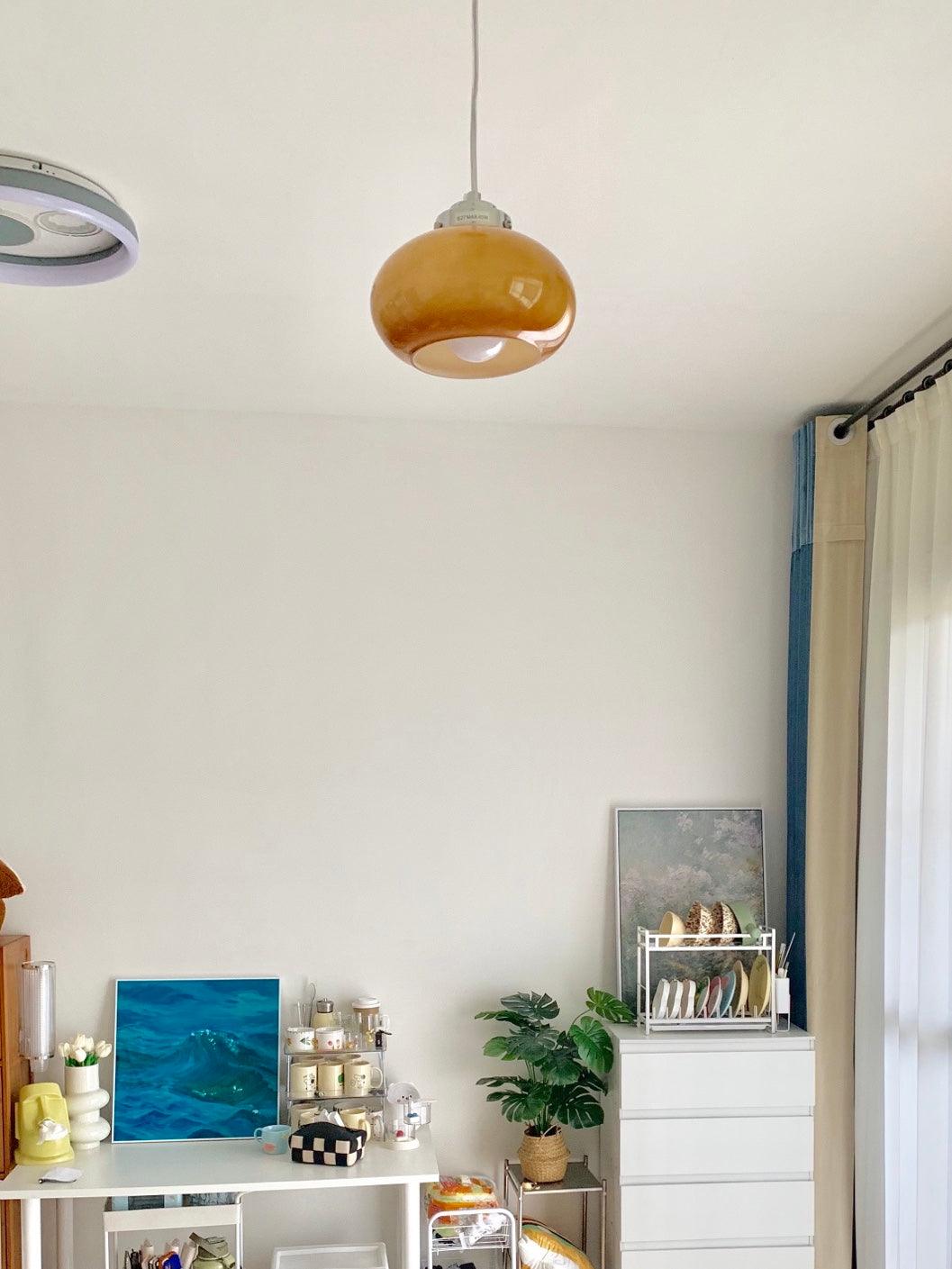 Mid Century Modern Dark Orange Glass Oval Persimmon Pendant Light Chrome Finish