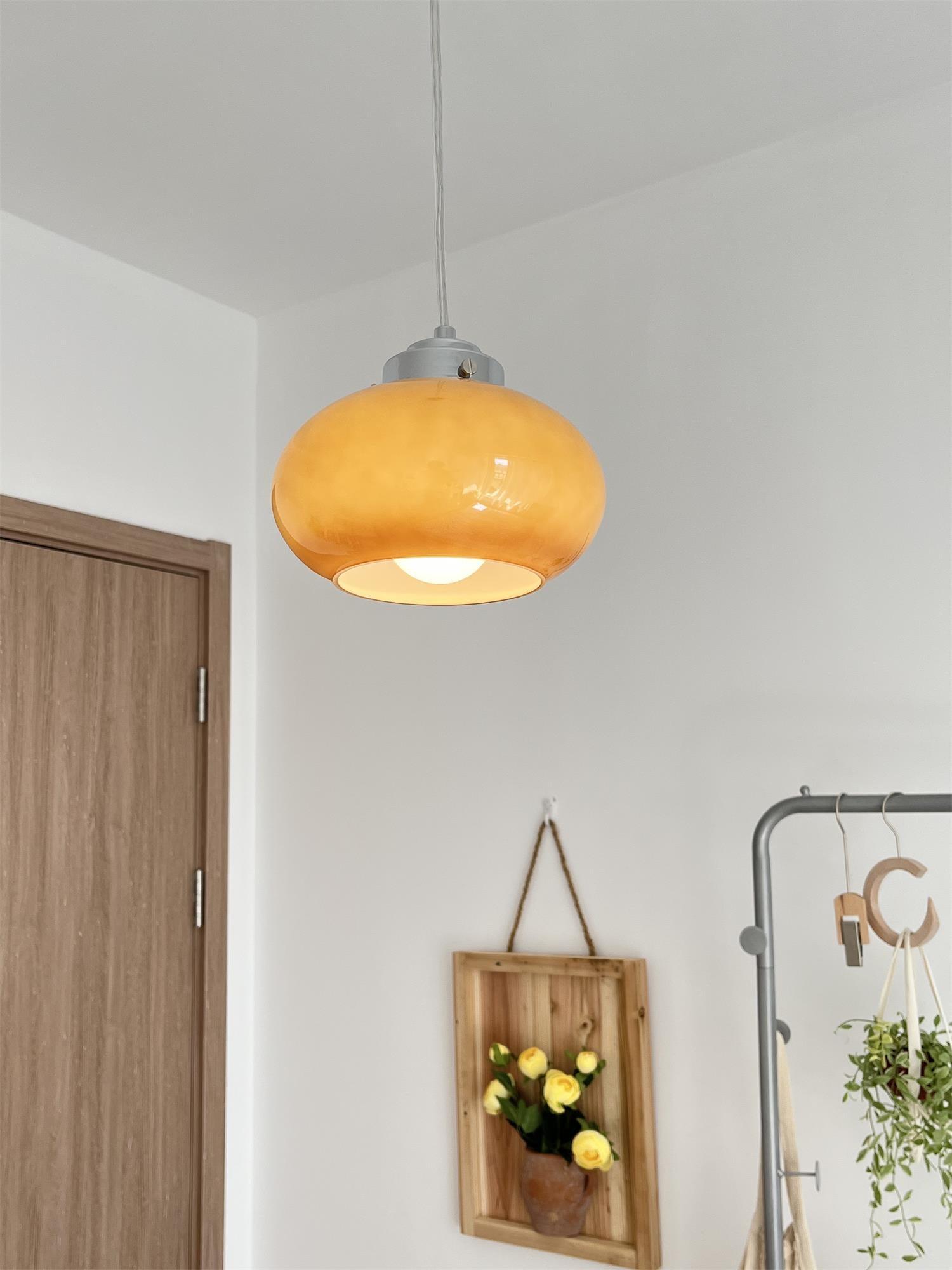 Mid Century Modern Dark Orange Glass Oval Persimmon Pendant Light Chrome Finish