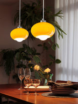 Mid Century Modern Dark Orange Glass Oval Persimmon Pendant Light Chrome Finish