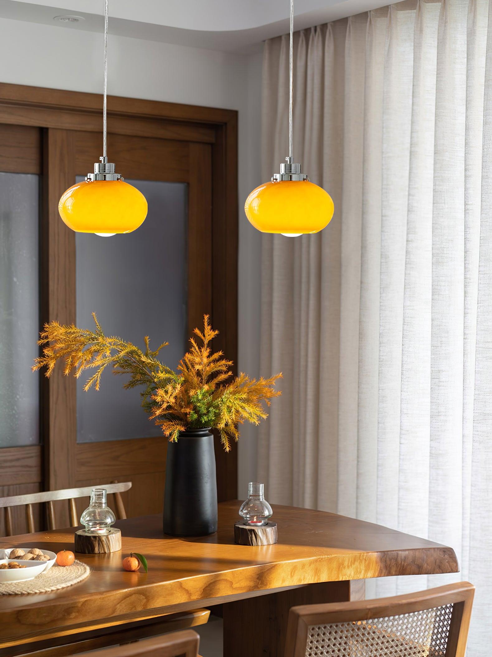 Mid Century Modern Dark Orange Glass Oval Persimmon Pendant Light Chrome Finish