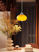 Mid Century Modern Dark Orange Glass Oval Persimmon Pendant Light Chrome Finish