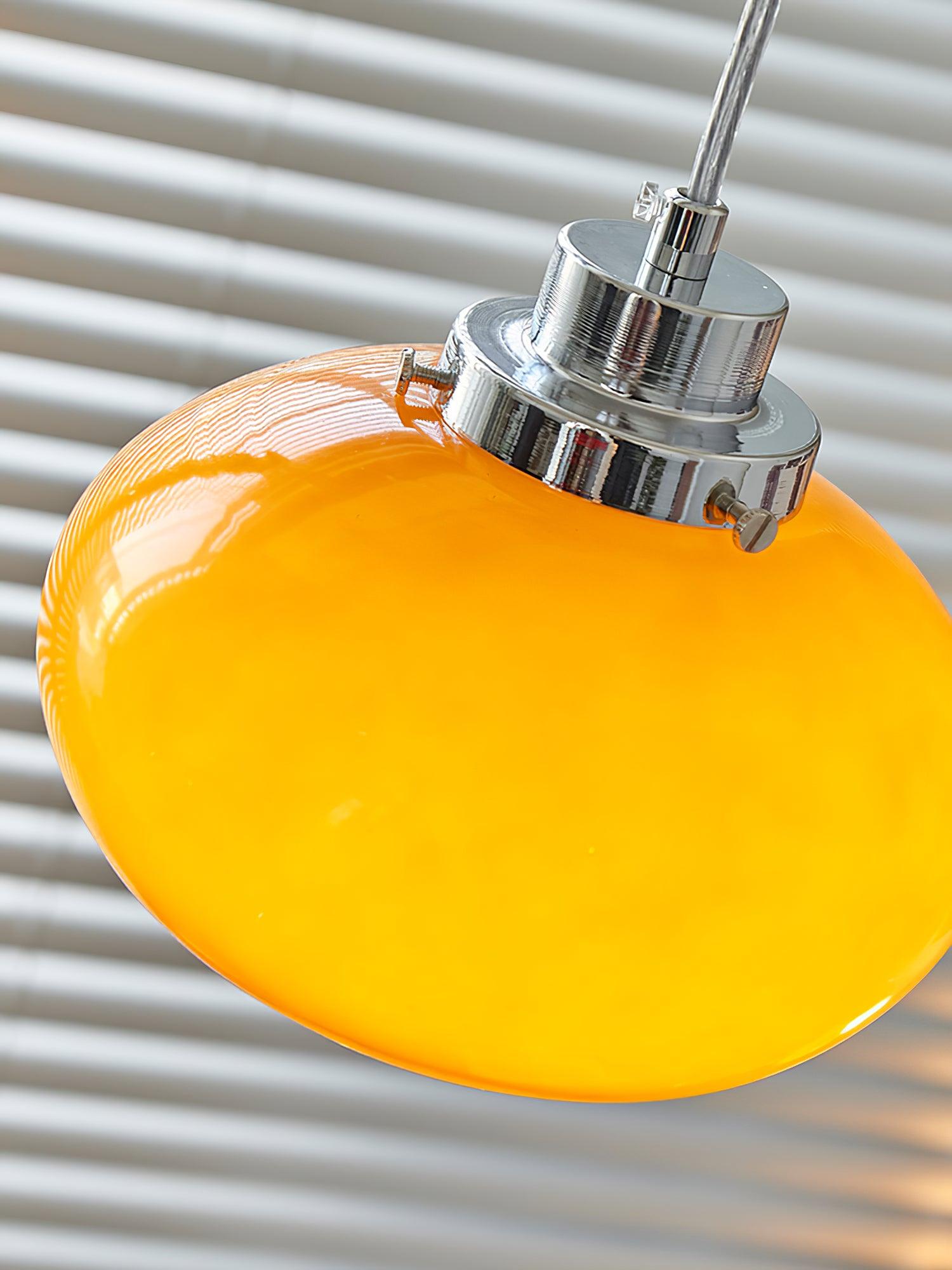Mid Century Modern Dark Orange Glass Oval Persimmon Pendant Light Chrome Finish