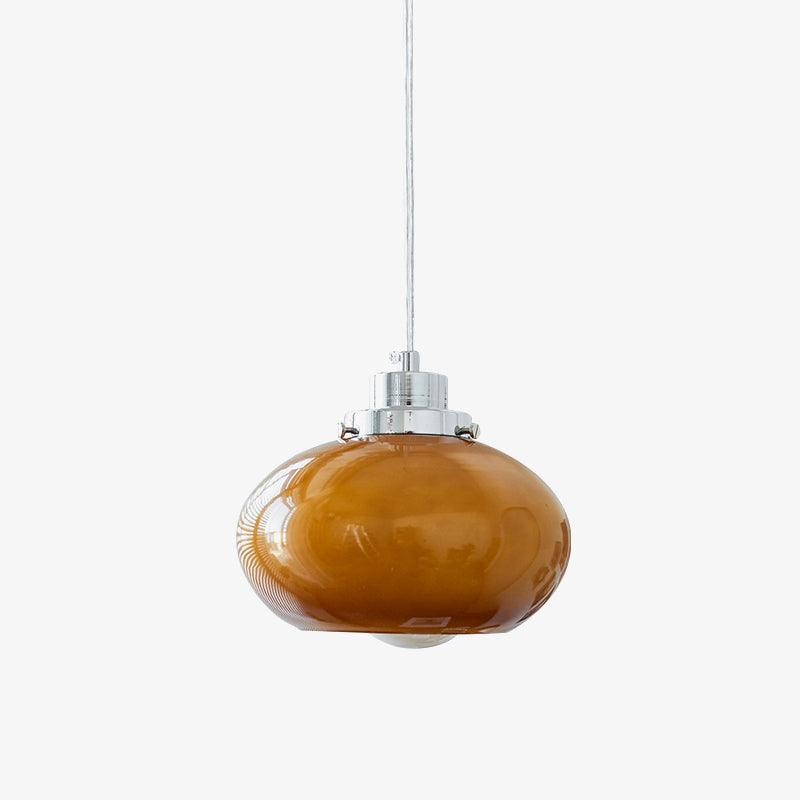 Mid Century Modern Dark Orange Glass Oval Persimmon Pendant Light Chrome Finish