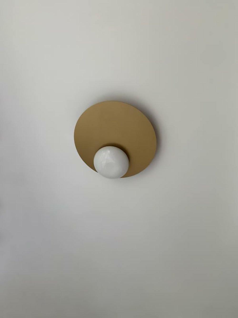 Mid Century Modern Nodes Geometric Wall Sconce with Milk Glass Globe and Metal Disc Lighting